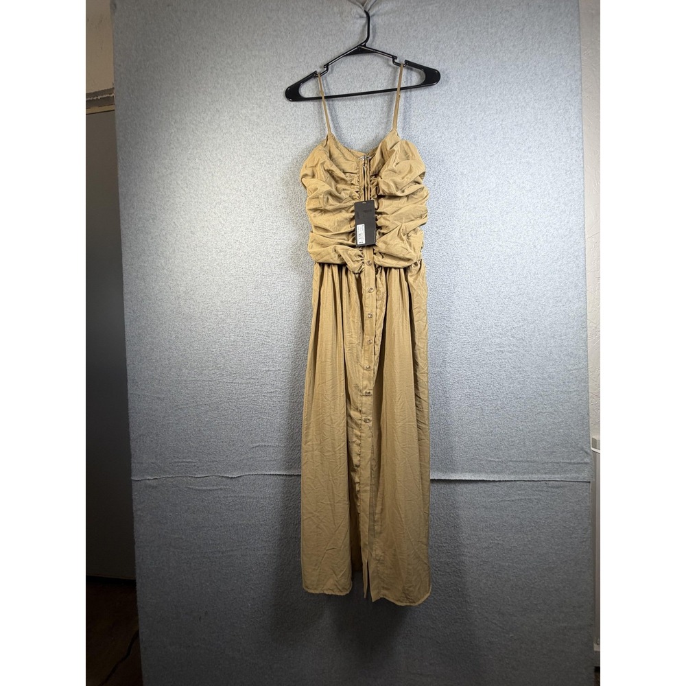 Future Collective Dress Womens Small Beige Ruched Button Front Maxi Sundress